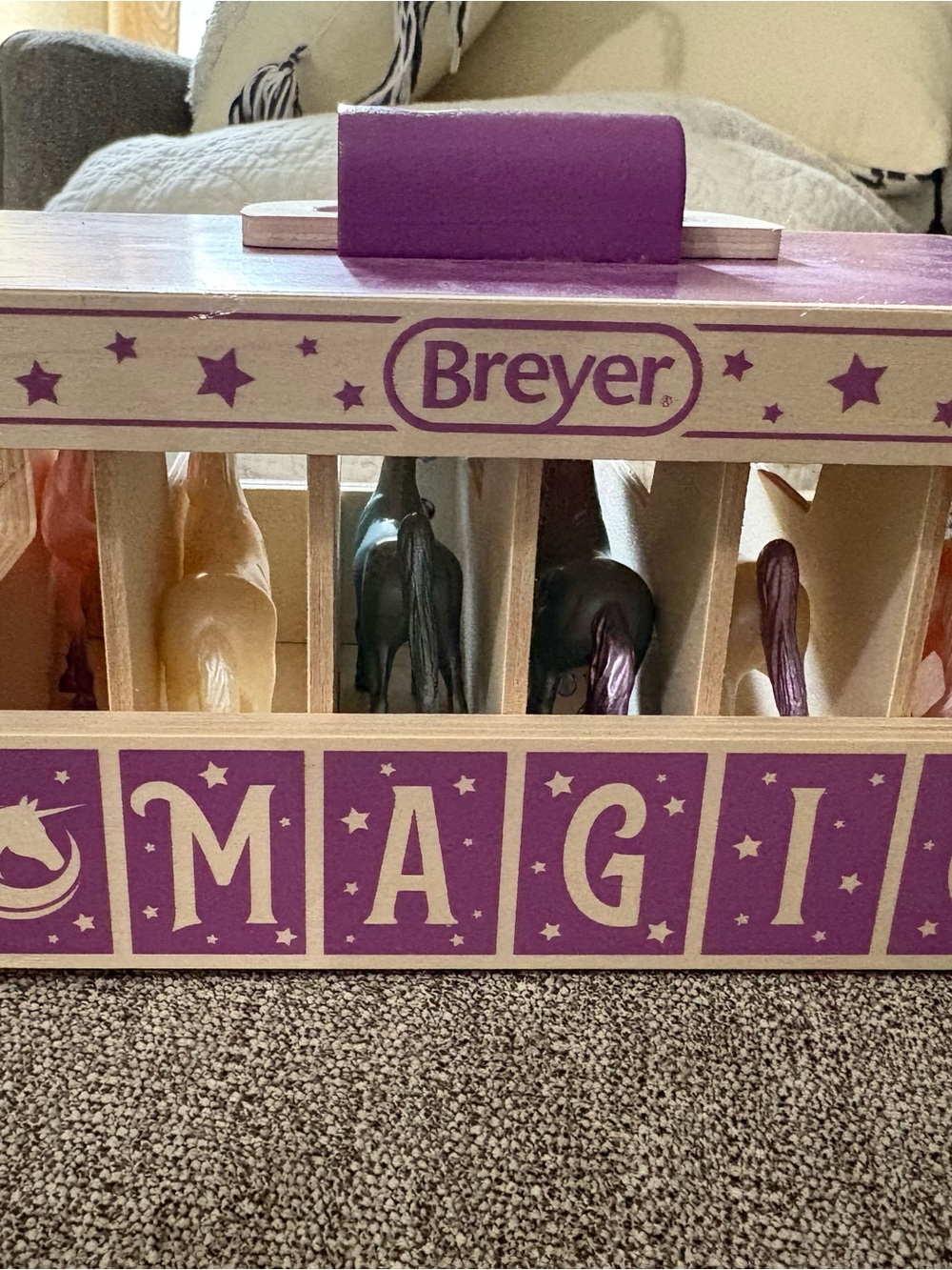 Breyer Purple and Natural Wooden Toy Stable Organizer with 6 unicorns